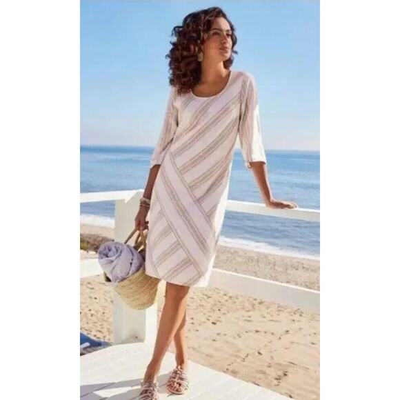 SOFT SURROUNDINGS Equinox Linen Blend Shift Dress in Stripes Ivory/Tan - Picture 2 of 12